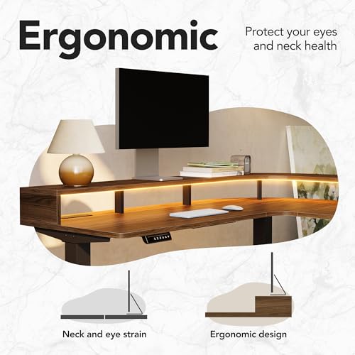 HUANUO Electric L Shaped Stadning Desk with LED Strip & Power Outrlets, 63" x 55" 2-Tier Height Adjustable Sit Stand up Desk with Power Strip Holder, Ergonomic Corner Computer Table, Walnut HUANUO