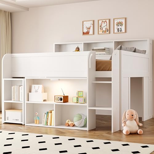 Merax Low Loft Bed with Pull-Out Desk, Full Size Loft Bed with 8 Storage Shelves and Lights, Wooden Kids Loft Bed with Safety Guardrail, Under-Bed Play Space, No Box Spring Needed, Noise-Free, White Merax