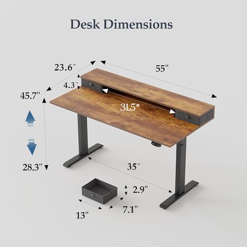 Klicelor 55 Inch Electric Standing Desk with Drawers, Adjustable Height Small Sit Stand Desk for Home Office, Compact Computer Workstation with Storage– Rustic Brown Klicelor