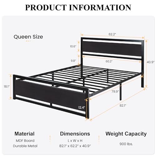 Modern Heavy Duty Queen Size Bed Frame with Wooden Headboard by SHA CERLIN SHA CERLIN