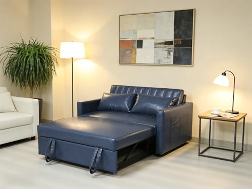 N NOORDENIYA 55'' Leather Sofa Bed, Pull Out Sleeper Sofa Couch Bed, Loveseat Sleeper, Futon Sofa Couch with Side Pocket, Convertible Sofa Bed for Living Room, Apartment, Bedroom, RV, Blue N NOORDENIYA