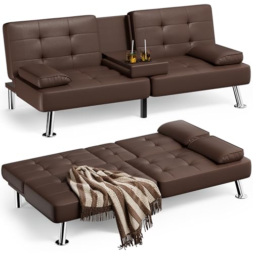 JUMMICO Faux Leather Futon Sofa Bed Futon Couch with Removable Armrests Adjustable Sleeper Sofa Bed with 2 Cup Holders for Living Room (PU Leather, Brown) JUMMICO