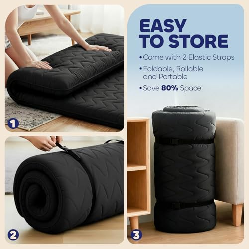 COZYFUZY Japanese Floor Mattress Futon - 3.5" Extra Firm Foldable Tatami Mat, 5-Layer Support with High-Density Foam Portable Floor Bed for Guest, Dorm, Kids Room & Camping Black Twin COZYFUZY