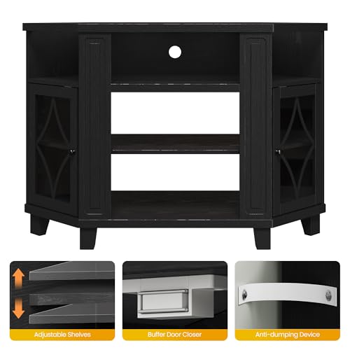 FansaFurn Corner TV Stands with 18'' Fireplace, Media Console Table with Adjustable Shelves & Acrylic Doors, Entertainment Center for TVs up to 55'', Corner Cabinet for Living Room, Bedroom, Black FansaFurn