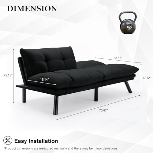 KINFFICT Convertible Futon Sofa Couch Bed, Modern Memory Foam Sleeper Loveseat Sofa with Adjustable Armrests & Backrests, Comfy Love Seat for Living Room, Bedroom, Office, Apartment, Small Space KINFFICT