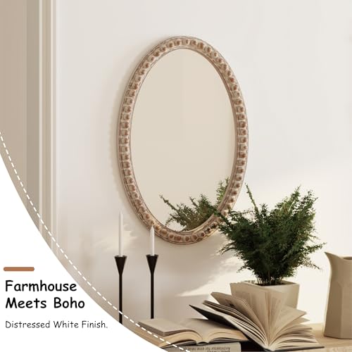 COZAYH Distressed Wood Frame Accent Mirror, Rustic Farmhouse Style Decorative Wall Mirror (Oval) COZAYH