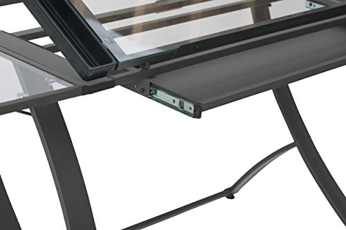 SD STUDIO DESIGNS Futura Luxe Drawing, Drafting, Craft Table with Drawer, 35" Wide Angle Adjustable Top and Side Shelf, Pewter Grey/Clear Glass SD STUDIO DESIGNS