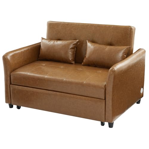 Love Seat Sleeper Bed, Pull Out Couch Bed with USB Charging Ports, 3 in 1 Faux Leather Loveseat Sleeper Sofa Bed, Pull Out Sofa Bed with Adjustable Backrest for Living Room, Bedroom, Apartment-Brown Heliodeck