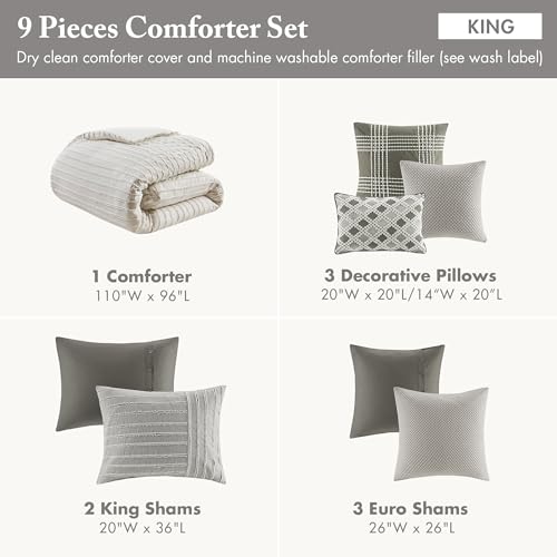 Madison Park King Comforter Set, Removable 100% Cotton Duvet Cover King Size with Insert, Farmhouse Bedding, Textured Stripe Clipped Jacquard Accent, King, Grey 9 Piece Madison Park