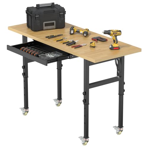 Adjustable Heavy Duty Workbench with Drawers, Metal Wheels Wood Top Working Table, 2500 LBS Load Capacity with for Workshop and Office,etc. DUSACOM