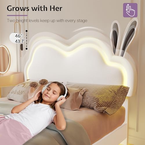 Jocisland LED Full Bed Frame for Girls Upholstered Floating Bed with Cute Cloud Headboard, No Box Spring Needed, Leather, White Jocisland