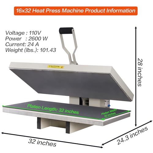 WUMSTOT Heat Press Machine 16x32: Large Format 2600W 110V Manual Clamshell Heat Transfer Press for T-Shirts Vinyl Sublimation DTF Printing Commercial Digital WUMSTOT