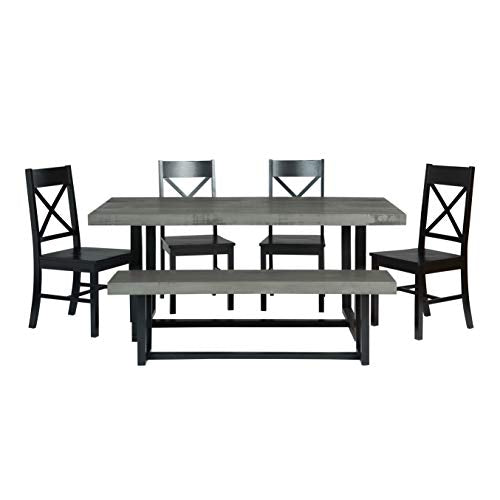 Walker Edison Barnes 6-Piece Rustic Metal and Wood Dining Table with X-Back Chairs, Set of 6, Grey/Black Walker Edison