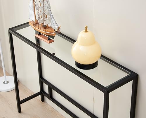MAJARO Small Modern Console Table for Entryway, Tempered Glass with Metal Frame Sofa Table for Living Room, Hallway, Office (Single-Layer, Black) MAJARO