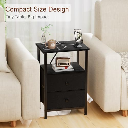 LOAKEKEL Nightstand with Charging Station, End Table with 2 Fabric Drawers, Night Stand for Bedroom, Small Bed Side Table with USB Ports and Outlets for Living Room, Black, HETS020BK-1 LOAKEKEL