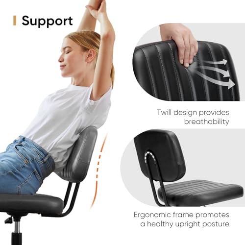 DUMOS Small Armless Home Desk Chair with Low Back Lumbar Support, Height Adjustable PU Leather Computer Task Chair with 360° Swivel Wheels, for Small Space, Kids and Adults, New Black DUMOS
