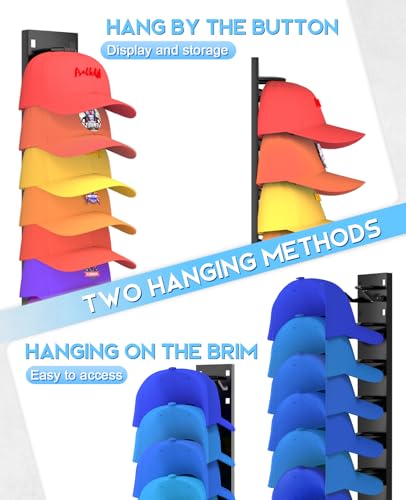 2 Pack Hat Organizer for Baseball Caps, Strong Adhesive Hat Rack for Wall, Multilayer Hat Storage Display Holder, Wall Mounted Hat Hooks Hold up to 18 Hats for Closet Door and Bedroom (Black) Eanyiikick