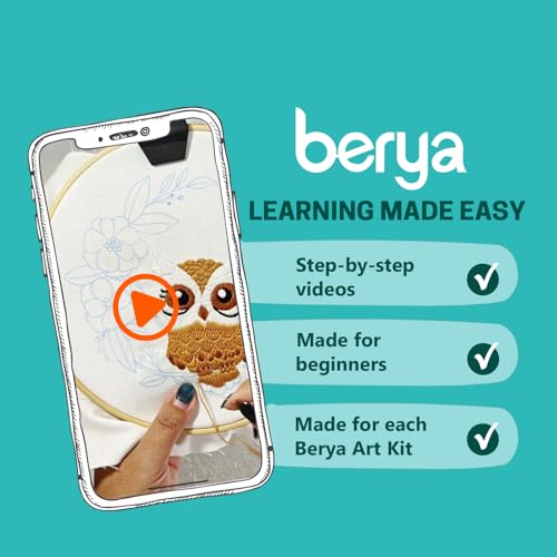 BERYA Owl Embroidery Kit, Embroidery Kit for Adult, Owl Pattern Practice Kit, Including Video Step by Step Instructions, Embroidery Hoop, Cloth, Needles and Thread for DIY Craft Lover (BEO013)