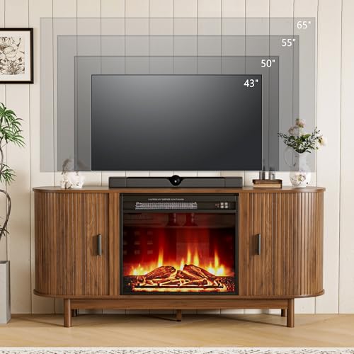 Jluomei Electric Fireplace TV Stand for 65 60 70 Inch TV, Fluted TV Stand, Entertainment Center with Storage, Wood Media Console Cabinet with Sliding Doors, Adjustable Shelves, Living Room, Walnut Jluomei