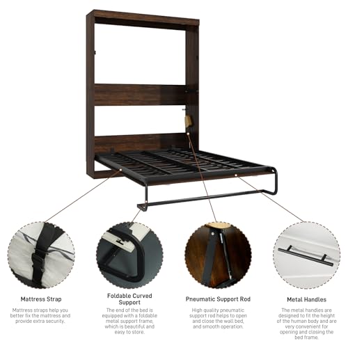 Hlivelood Full Size Murphy Bed with 2 LED Lights, Farmhouse Wood Hidden Foldable Wall Bed Frame w/Gas Struts, Storage Bed Cabinet for Bedroom, Office, Space-Saving, No Box Spring Needed, Brown Hlivelood