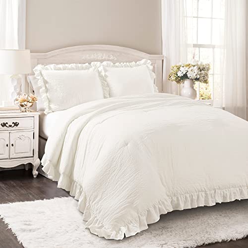 Lush Decor Reyna Ruffle Comforter Set - 3 Piece Cozy Ruffled Bedding Set - Timeless Elegance and Comfort for Dorm Room - Full/ Queen, White Lush Decor