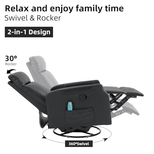 CANMOV Manual Swivel Rocker Recliner Chair, Overstuffed Rocking Chair Glider Recliner for Nursing, Ergonomic Rocker Chair with Vibration Massage & Heat, Reclining Chair for Living Room, (Black)