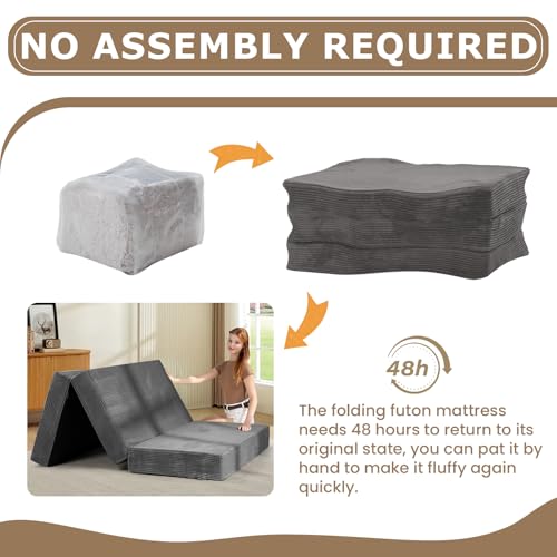 feliz home 6-Inch Tri-Fold Mattress Full Size - Foldable Futon Sofa Bed with Removable Washable Cover, Folding Memory Foam Futon Mattress | Non-Slip Bottom & Carry Handles for Guest, Camping, Dorm feliz home