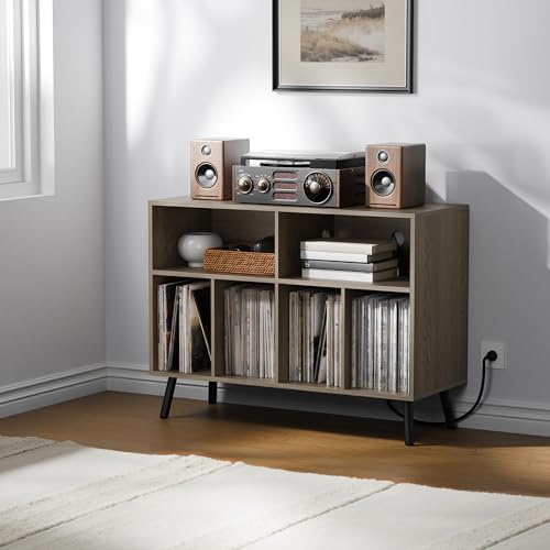 Cozy Castle Record Player Stand with Vinyl Storage Cabinet, Wood Turntable Table Open Shelf Holder Up to 350 Albums Cube Storage Organizer for Living Room, Office, Gray Cozy Castle