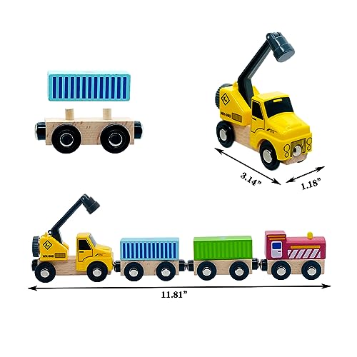 Wooden Trains Cars with Crane Magnetic Train Toys for Wooden Train Tracks Train Sets for Toddlers and Kids Ages 3+ (Crane Train) SAIBURAZ