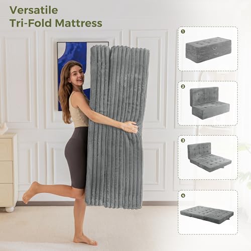 MAXYOYO Folding Mattress with Handles, 6 Inch Tri-Fold Mattress Floor Sofa Bed, Soft Faux Fur Folding Bed with Supportive Foam Filling, Portable Guest Couch for Sleeping, Full, Grey MAXYOYO