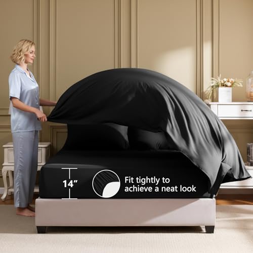 HIMEET Queen Comforter Set - 7 Pieces Bed in a Bag Queen Size, Luxury Comforter Set with Sheets for All Season, Bed Set with Comforter, Flat Sheet, Fitted Sheet, Pillowcases & Shams, Black HIMEET