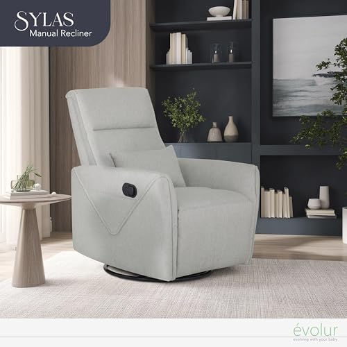 Evolur Sylas Nursery Glider Chair in Luxe Grey - Manual Recliner with 360° Swivel, Lumbar Support, Tufted Back & Side Pockets - Modern Rocking Chair for Baby Room, Nursery & Living Room Evolur