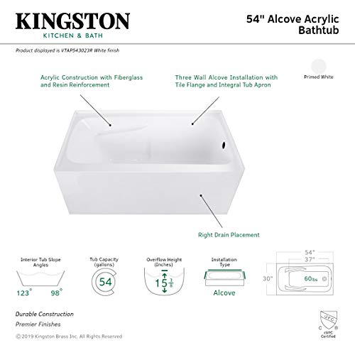 Aqua Eden VTAP543023R 54-Inch Acrylic 3-Wall Alcove Tub with Arm Rest and Right Hand Drain Hole, White Kingston Brass