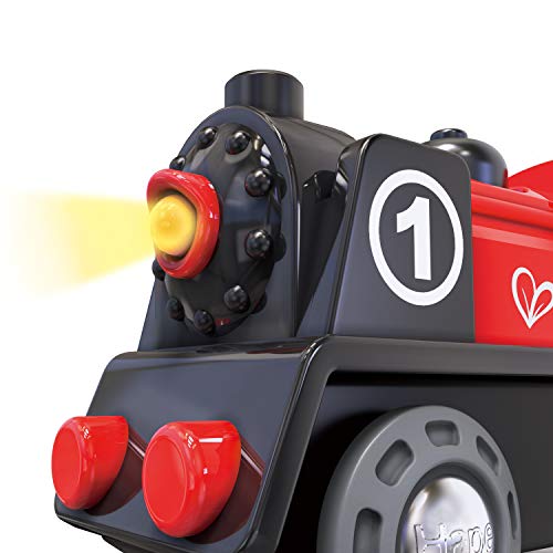 Hape Wooden Railway Battery Powered Engine No. 1 Kid's Train Set Red, White, Black, Blue, L: 3.7, W: 1.3, H: 1.9 inch Hape