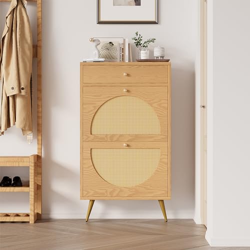 Shintenchi Shoe Rack Storage Cabinet with 2 Semi-Circular Rattan Doors and 1 Drawer, Freestanding Shoe Cabinet with Adjustable Shelf for Front Door Entrance, Hallway, Oak Shintenchi