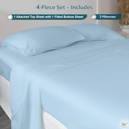 Shreem Linen Super Single Waterbed Sheets, 4-Piece 100% Egyptian Cotton Attached Sheet Set with 15" Deep Pocket, Soft & Breathable Bedsheets for Water Beds, Light Blue Solid Shreem Linen