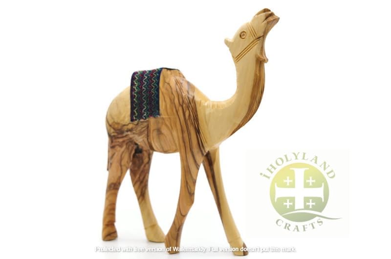 Wooden Camel Figurine, Handmade Olive Wood Nativity Camel with Embroidery Saddle Carved in the Holy Land by Christian Artisans, Nativity Animals, iHoly Land Crafts