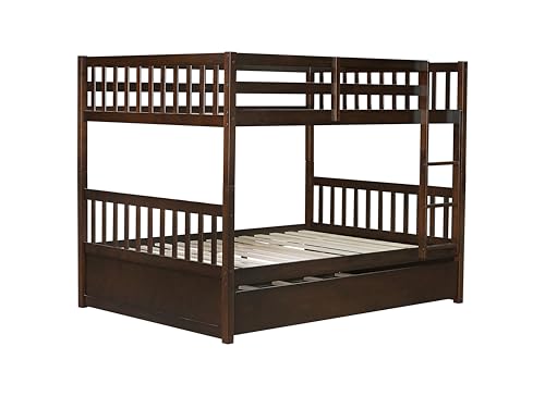 PVWIIK Full Over Full Bunk Bed for Kids Adults Teens Bedroom,Solid Wood Bunk Bed with Trundle & Ladder & Safety Guardrail,Convertible to 2 Separated Bed & No Box Spring Needed, Espresso PVWIIK