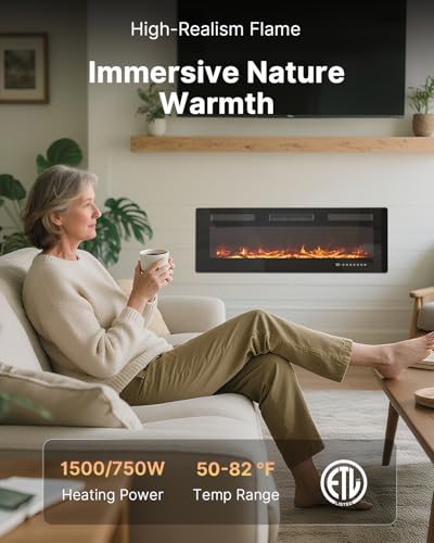 Electric Fireplace 50 Inch with 3 Remotes, Recessed or Wall Mounted Electric Fireplace Insert with 15 Flame Colors & 6 Adjustable Speeds, 1500/750W Linear Fireplace Heater, 12H Timer, Log & Crystal FODINGHILL