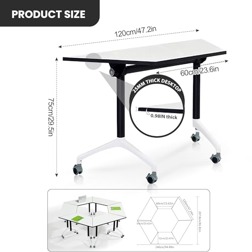 Conference Table,Folding Conference Room Tables with Flip-Top Design,Foldable Office Meeting Seminar Table,Modular Mobile Training Room Tables With Caster,Rolling Seminar Tables for Meeting Rooms VORDERRY
