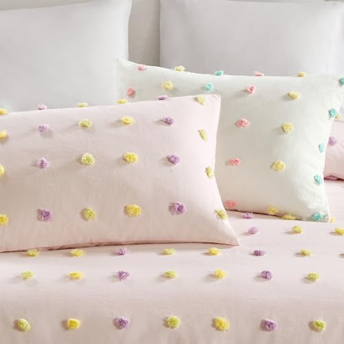 Intelligent Design Callie Girls Twin/Twin XL Comforter Set, Ivory 4-Piece Kids Bedding, 100% Cotton Tufted Pom Pom Tufted Jacquard, All Season Down Alternative, Cozy Shabby Chic Bedroom Décor Intelligent Design