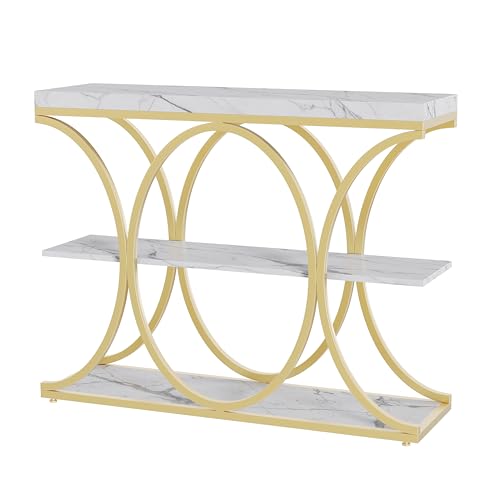 Garvee 39" Narrow Console Tables for Entryway, Industrial 3-Tier Sofa Table with Round Metal Base and Storage Shelves for Living Room, Hallway, Foyer, Gold and White Marble Garvee