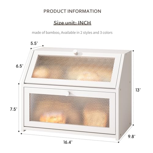 STDDRE Bread Box for Kitchen Countertop Bin Double Layer Bread Box Storage Container Extra Large Capacity Farmhouse Bread Box with Diamond Pattern Windows(Bamboo White) STDDRE