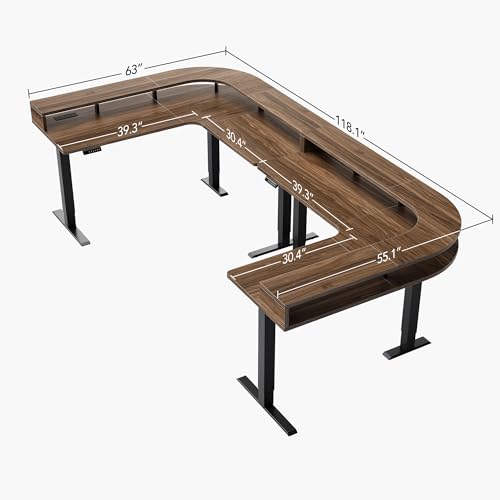 HUANUO U-Shape Standing Desk with LED Strip & Power Outrlets, 2-Tier Height Adjustable Sit Stand up Gaming Desk with Power Strip Holder, Large Computer Table for Home Office, Walnut HUANUO