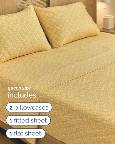 Floral Sheets - Yellow Floral Bed Sheet Set - 1 Flat, 1 Fitted & 2 Pillowcases w/ Deep Pockets - Comfy, Wrinkle & Fade Free - Boho Botanical Bedding - Ultra-Soft, Breathable & Cooling - Queen Size Set CGK Unlimited