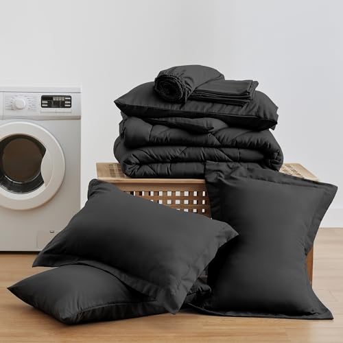 Love's cabin Queen Comforter Set Black, 7 Pieces Queen Bed in a Bag, All Season Bedding Sets with 1 Comforter, 1 Flat Sheet, 1 Fitted Sheet, 2 Pillowcase and 2 Pillow Sham Love's cabin