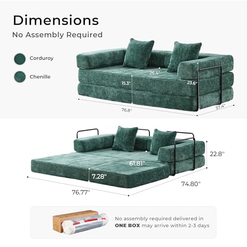 WELAX 77" Convertible Sleeper Sofa Bed, Boneless Cloud Queen Futon Couches with 2 Pillows & Removable Armrests, Chenille Folding Floor Couch No Assembly for Bedroom, Living Room, Green WELAX