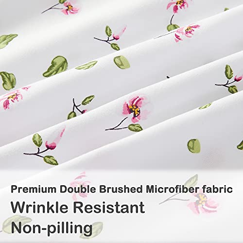 Mooreeke Full Sheets Set - 4 Pieces Soft Breathable Microfiber Bed Sheet Set - Pink Flower Green Leaf Pattern Sheet Set - Deep Pocket Non-Slip Floral Printed Fitted Sheet Included for All Season Mooreeke