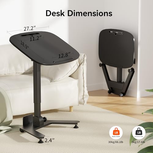 WALKINGDESK Foldable Pneumatic Height Adjustable Mobile Standing Desk with 90° Tiltable Tabletop, 27.2x18.9 Inch Portable Laptop Desk with Wheels, Holds Up to 66.1lbs for Home Office, Study, Black WALKINGDESK