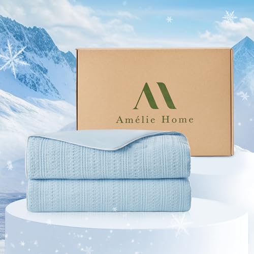 Amélie Home Waffle Cooling Comforter Queen Size, Q-Max 0.45 Reversible Lightweight Cooling Blanket for Hot Sleepers, Breathable Bedding for Night Sweats, 90"x90", Sky Blue Amélie Home